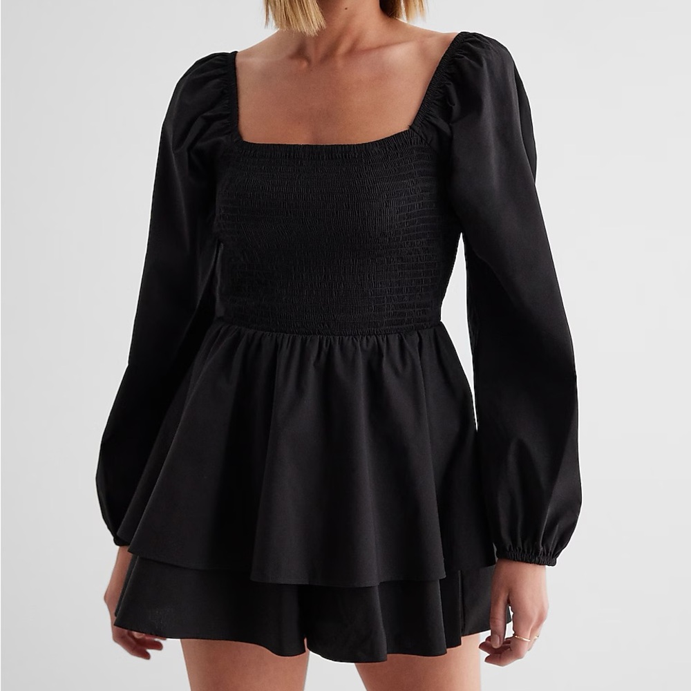 Express Square Neck Long Sleeve Smocked Poplin Romper